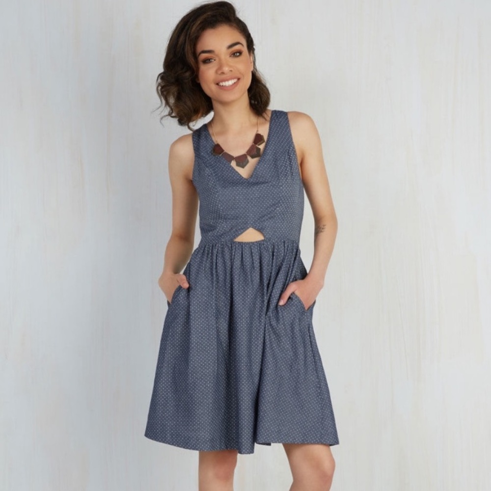 ModCloth Chambray Dotted Sleeveless Dress